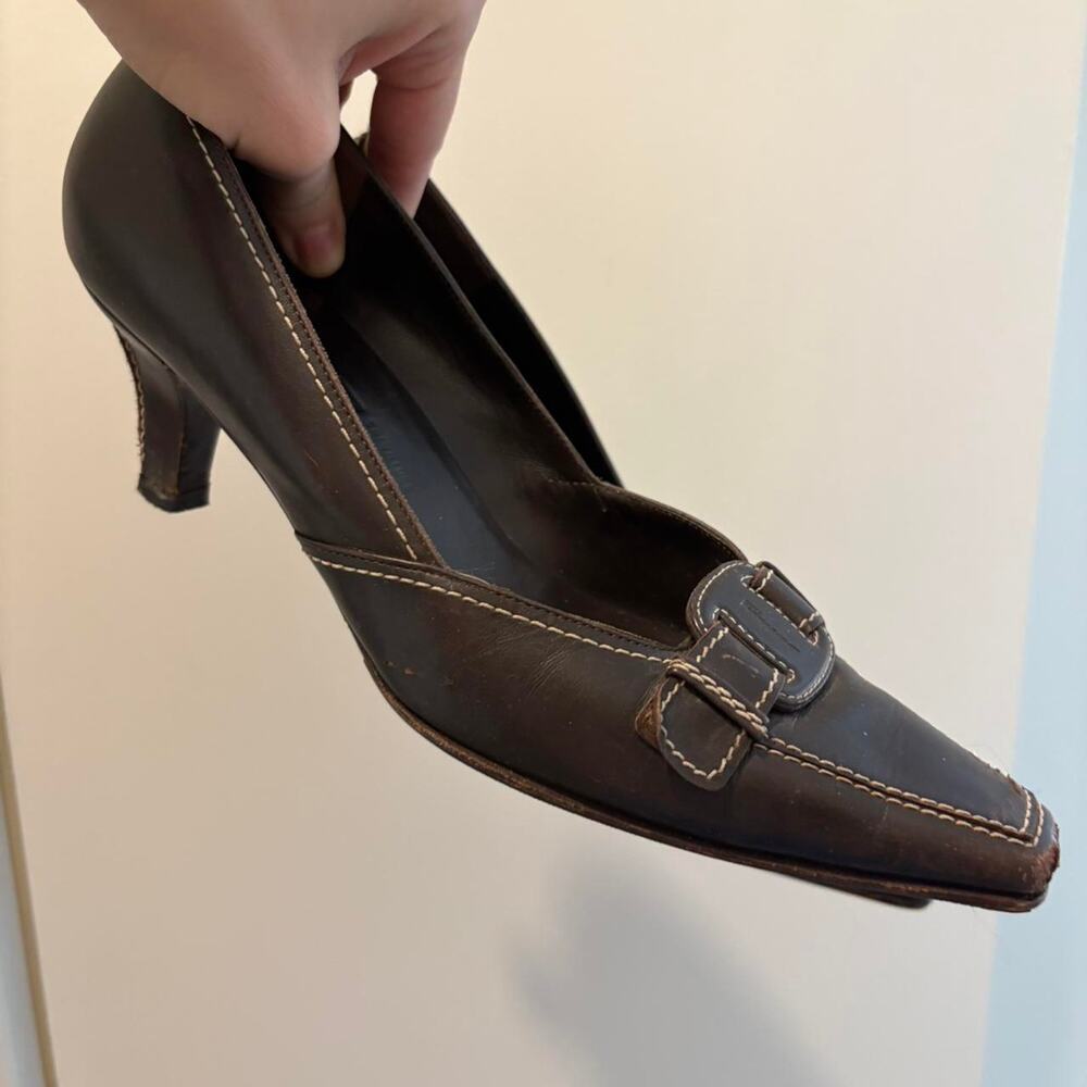 Ferragamo vintage Y2K chocolate brown leather kitten heels sz 8 - Picture 2 of 8